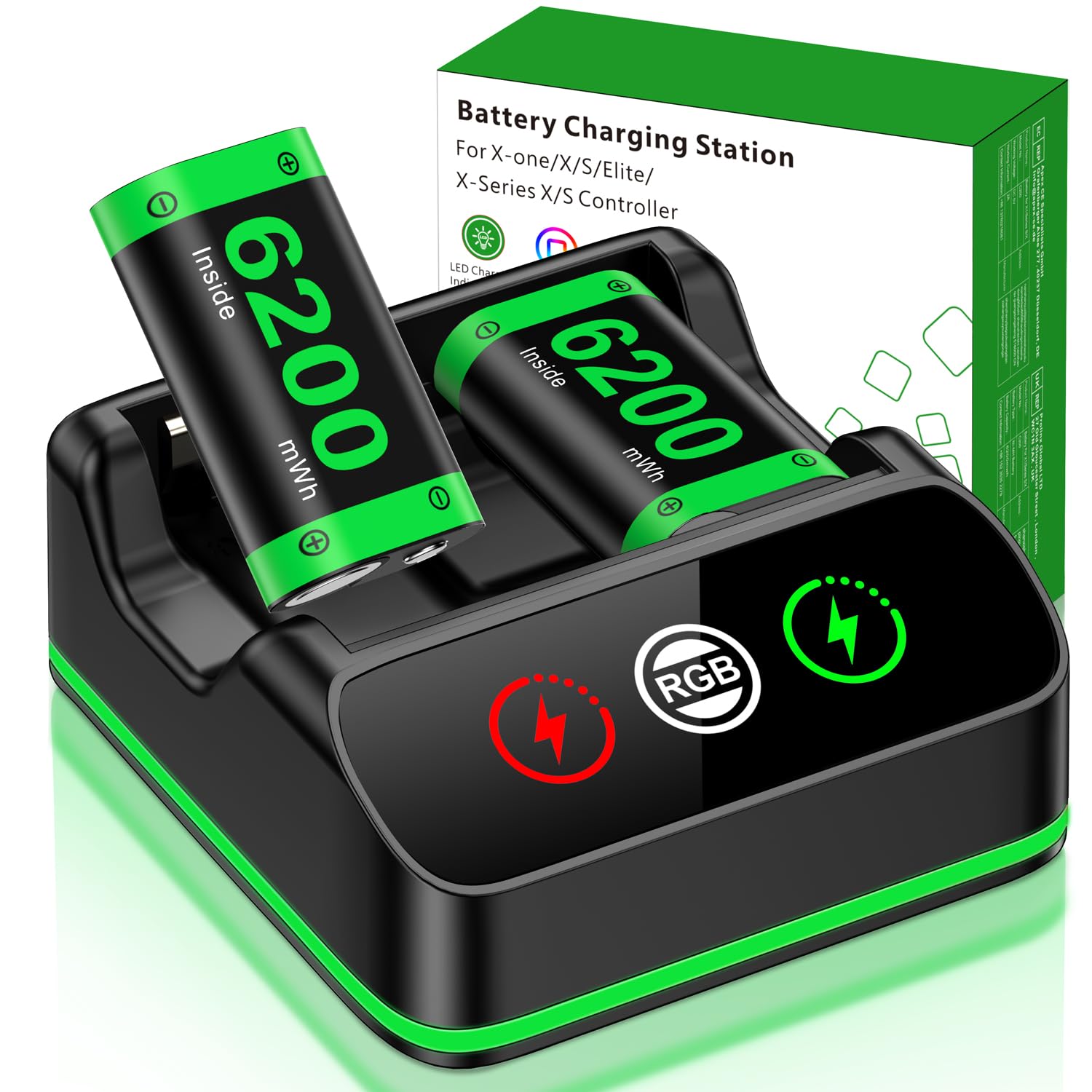 DXKK 2x6200mWh Rechargeable Battery Pack for Xbox One/S/X, Series X|S, One Elite Wireless Controller, with Fast Charger, Extended USB C Cable, Ambient Light