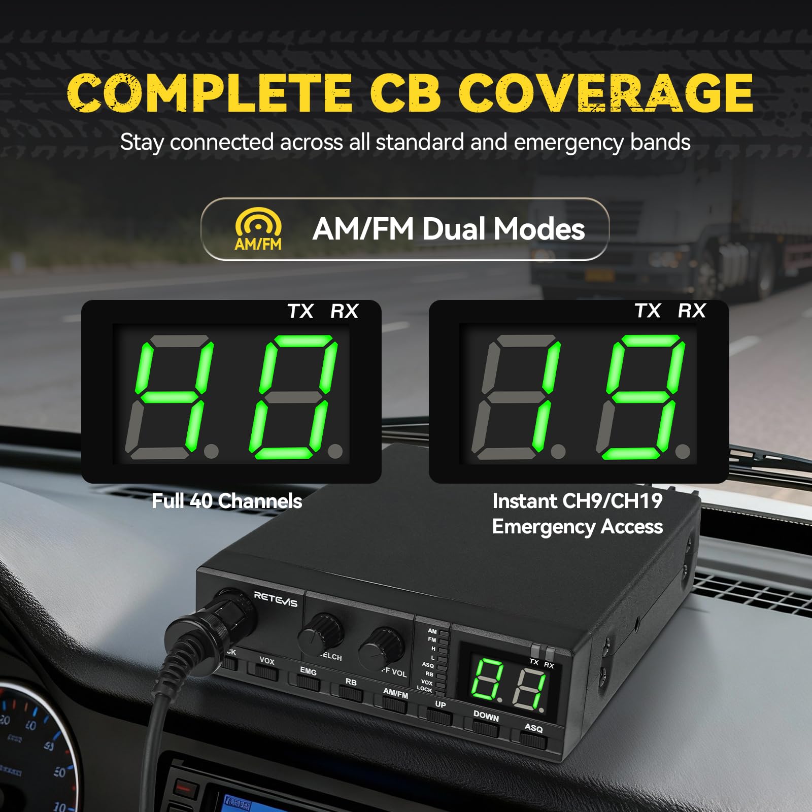 Retevis MB62 CB Radio, CB con Antenna ad Alto Segnale e Altoparlante Esterno, VOX, Riduzione Del Rumore ASQ/SQ, AM/FM, EMG CH9/19, Staffa di Montaggio, Radio Portatile per Camion (1 Pz)