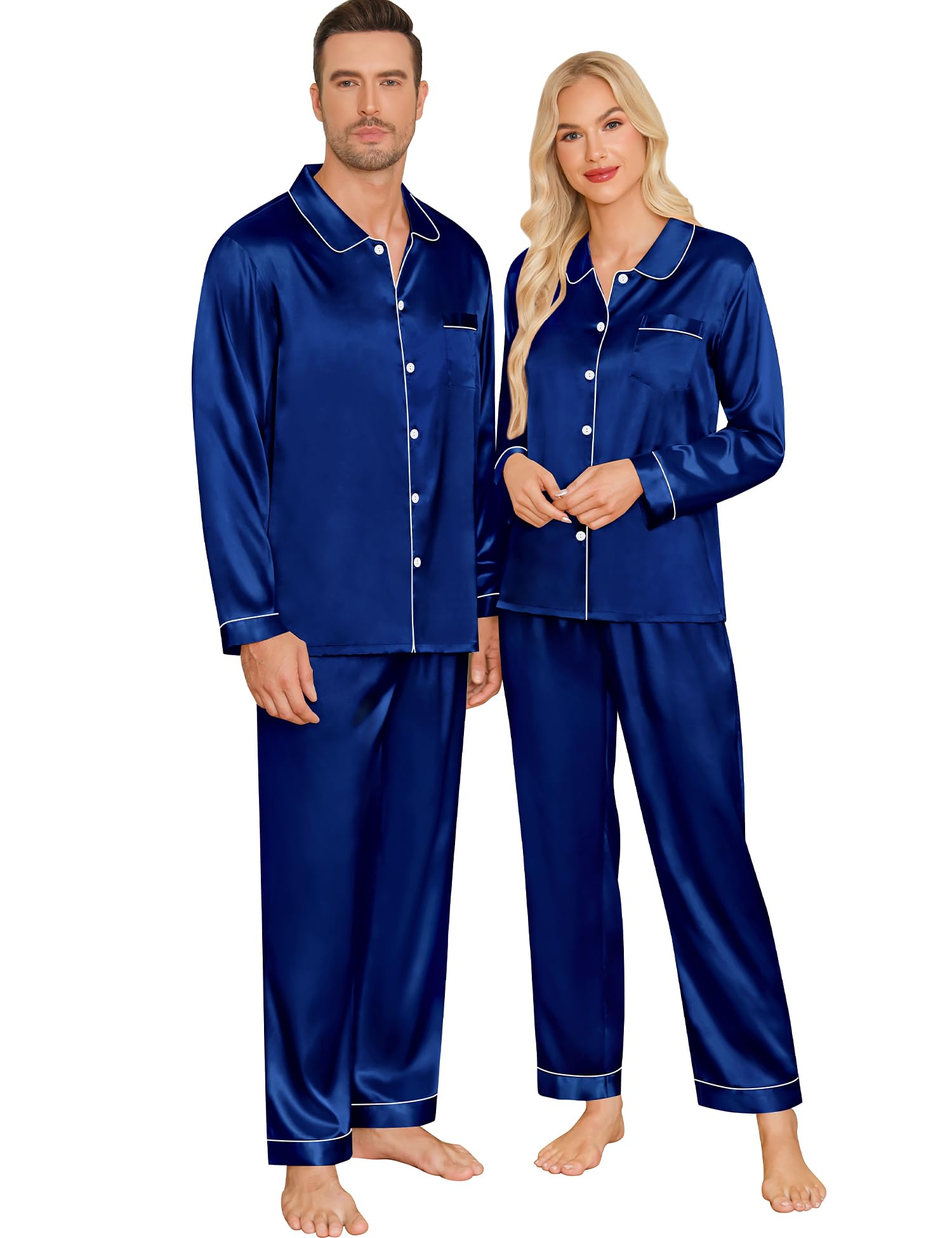 SWOMOG Couples Pajamas Sets Silk Satin Long Sleeve Sleepwear Button Down Loungewear Pjs Set Classic Pajama S-XXL