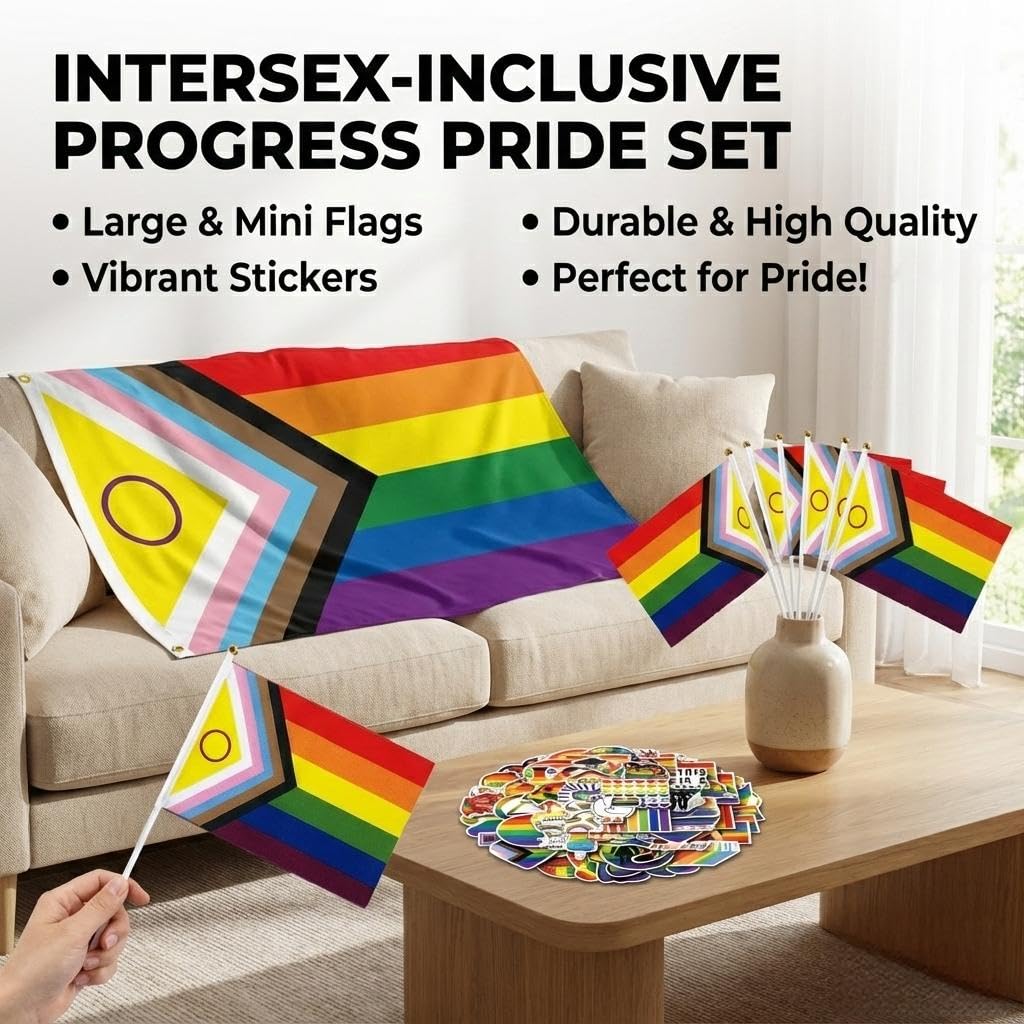 Set di Adesivi e Bandiera Rainbow per Orgoglio LGBTQ, 1 Bandiera Grande, 6 Piccole Bandierine e 55 Adesivi, Decorazioni per Feste e Celebrazioni