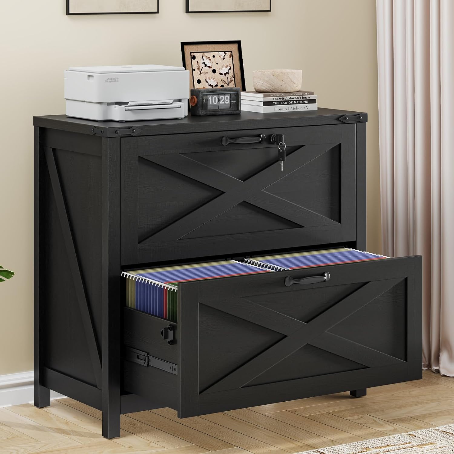 Lateral File Cabinet with 2 Large Drawers, Farmhouse File Cabinet with Lock for Letter/Legal/A4 Size Hanging Files, Wood File Storage Cabinets Printer Stand for Home Office Cabinets, Rustic Black