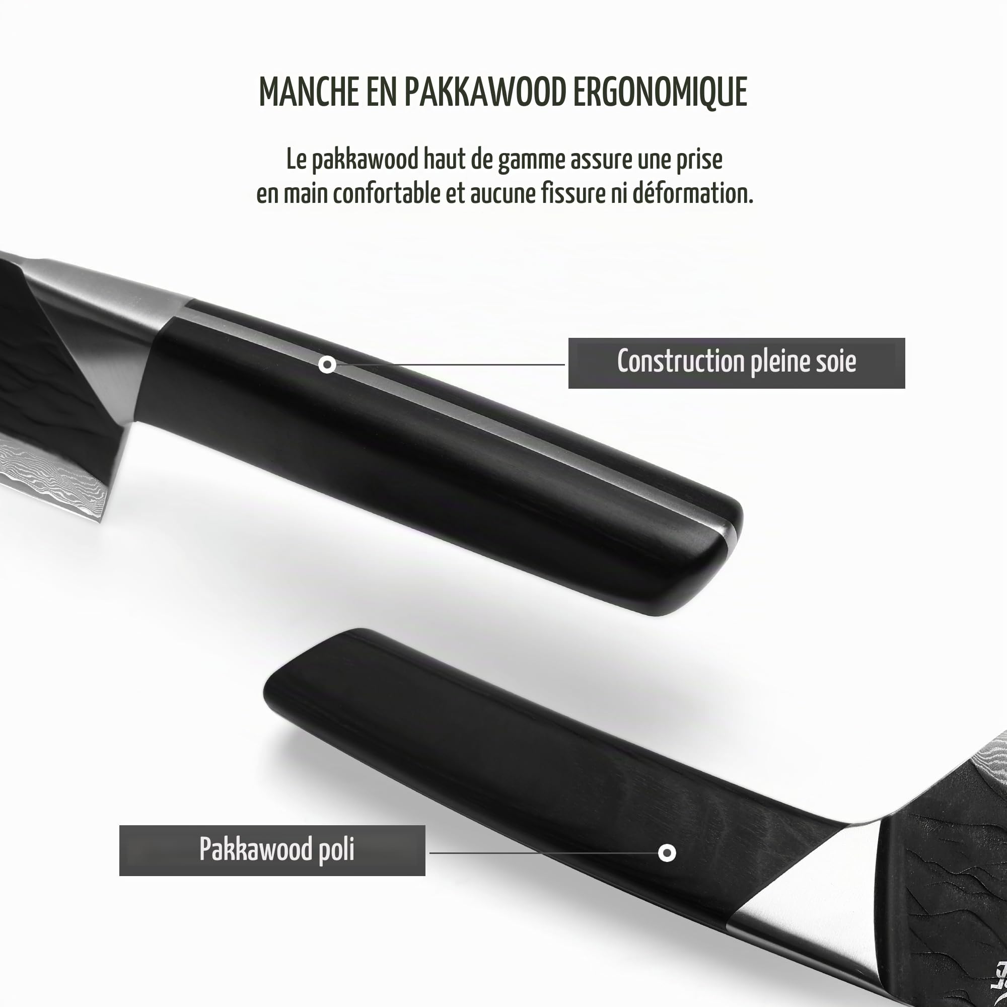Couteau de chef Damas, 17,8 cm Couteau japonais aiguisé avec lame martelée et manche en pakkawood, couteau bunka professionnel avec coffret cadeau, noir