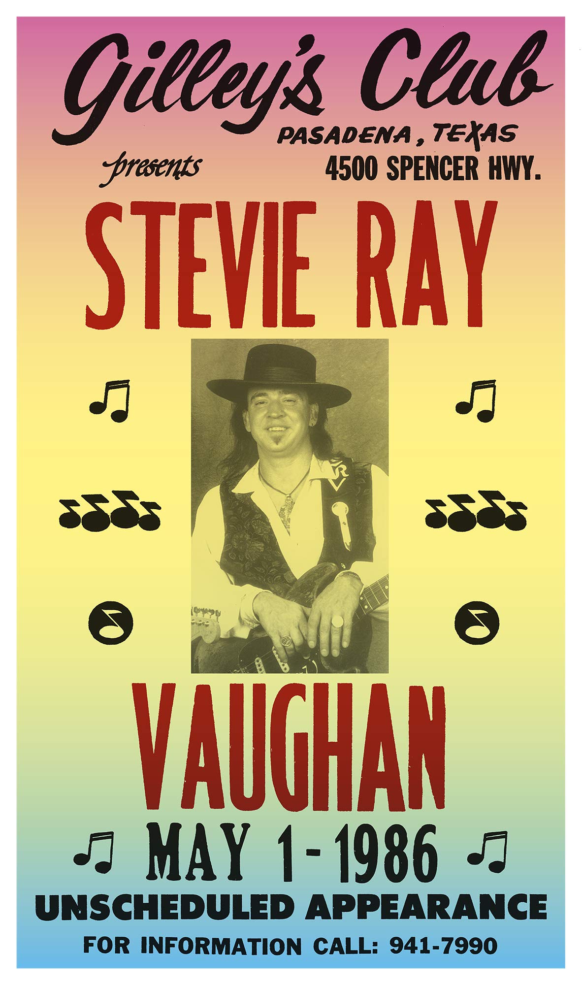 Per Diem Printing Gilley's Club Presents Stevie Ray Vaughan - 13”x22” Vintage Style Showprint Poster - Home Nostalgia Decor – Wall Art Print - Concert Bill