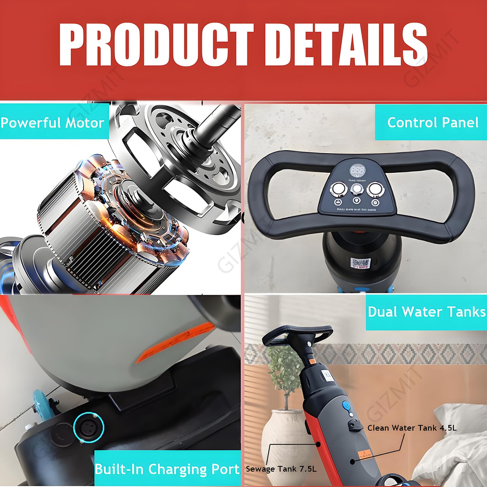 Fregadora de Pisos eléctrica, fregadora Secadora automática, minimáquina para Pisos con Ancho de Limpieza de 45 cm, para hogar, Oficina y pequeños Espacios comerciales White