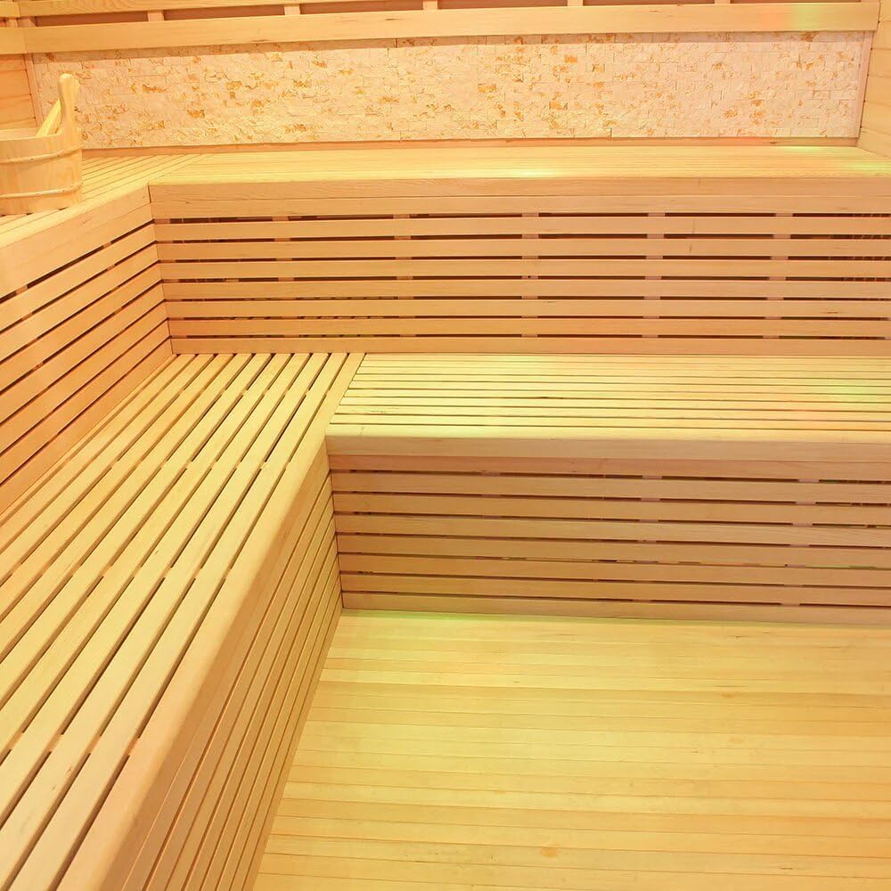 3 or 4 Person Traditional Steam Sauna, Canadian Hemlock Indoor Sauna with 4500W Stove Heater, Bluetooth Speaker, Rocks, Water Bucket, Spoon, 7-Color Sky Lights, 220V, Clear Tempered Glass Door