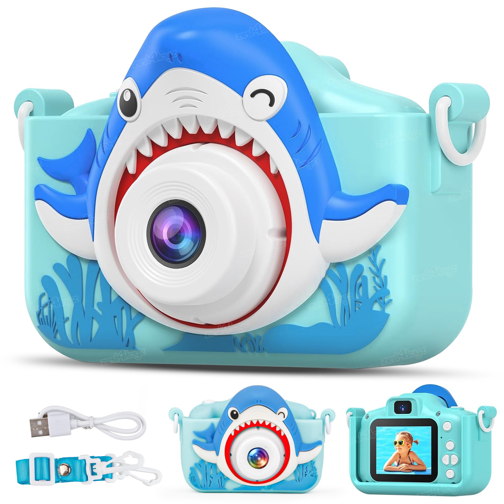 Zest 4 Toyz Kids Camera for Girls HD 1080P 2.0 Screen Digital Camera for Kids Selfie Video Camera with Inbuilt Games Toy with USB & Silicone Cover - (SD Card Not Included) Shark Design