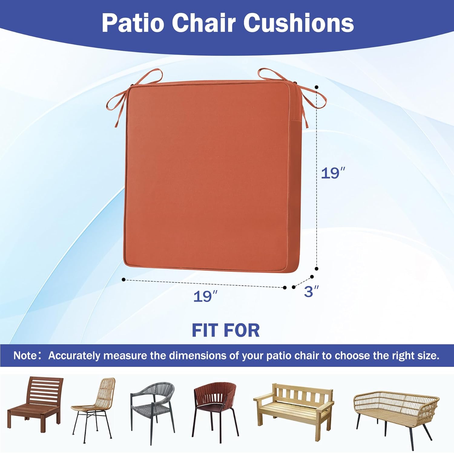 Patio Chair Cushions, 19" x 19" x 3" Outdoor Chair Cushions Set of 4, Waterproof Outdoor Cushions for Patio Furniture, Outdoors Seat Cushions Set of 4 with Handle and Ties, Spice Spice 19*19+3"