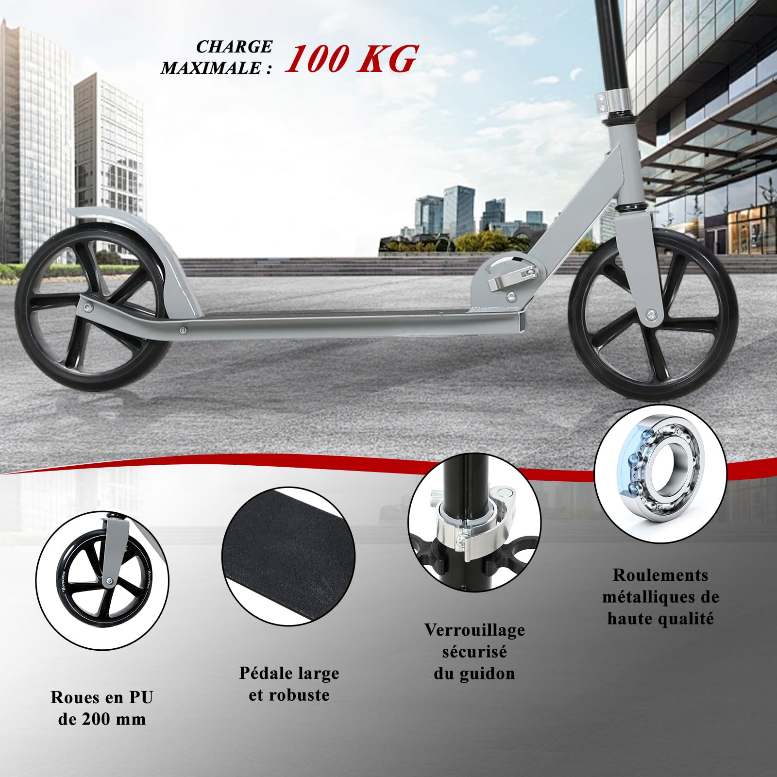 Trottinette Ado Pliable, Trottinette Adolescent avec Guidon Hauteur Ajustable 3 Niveaux, Trotinette Enfant Grande Roue 200MM Résistant, Trotinette Enfant/Ado 9-14Ans 125-175CM Charge 100KG