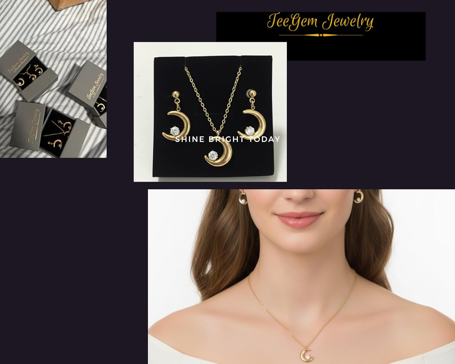 18K Gold Plated Stainless Steel Crescent Moon Necklace and Dangle Stud Earring Set with Cubic Zirconia | Hypoallergenic, Tarnish-Free Jewelry Gift Set for Women - Image 8