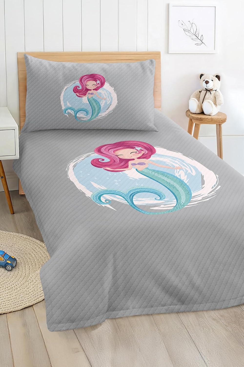 SODEF Bedding Set 2 Piece Mermaid Pattern Twin Size Kids and Teens Quilt Set Fade Resistant Soft Cotton Polyester Blend for Girls Decor - Multicolor, One Size