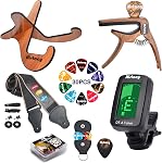 Kit d'accessoires pour guitare: Support en bois, Bracelet, Tuner à clips, 3-in-1 Capo, 30 Picks pour Acoustique, Guitare électrique, Basse & Ukulele, Ensemble de Cadeaux de Guitare Tout-en-Un pour Hommes & Débutants & Pour