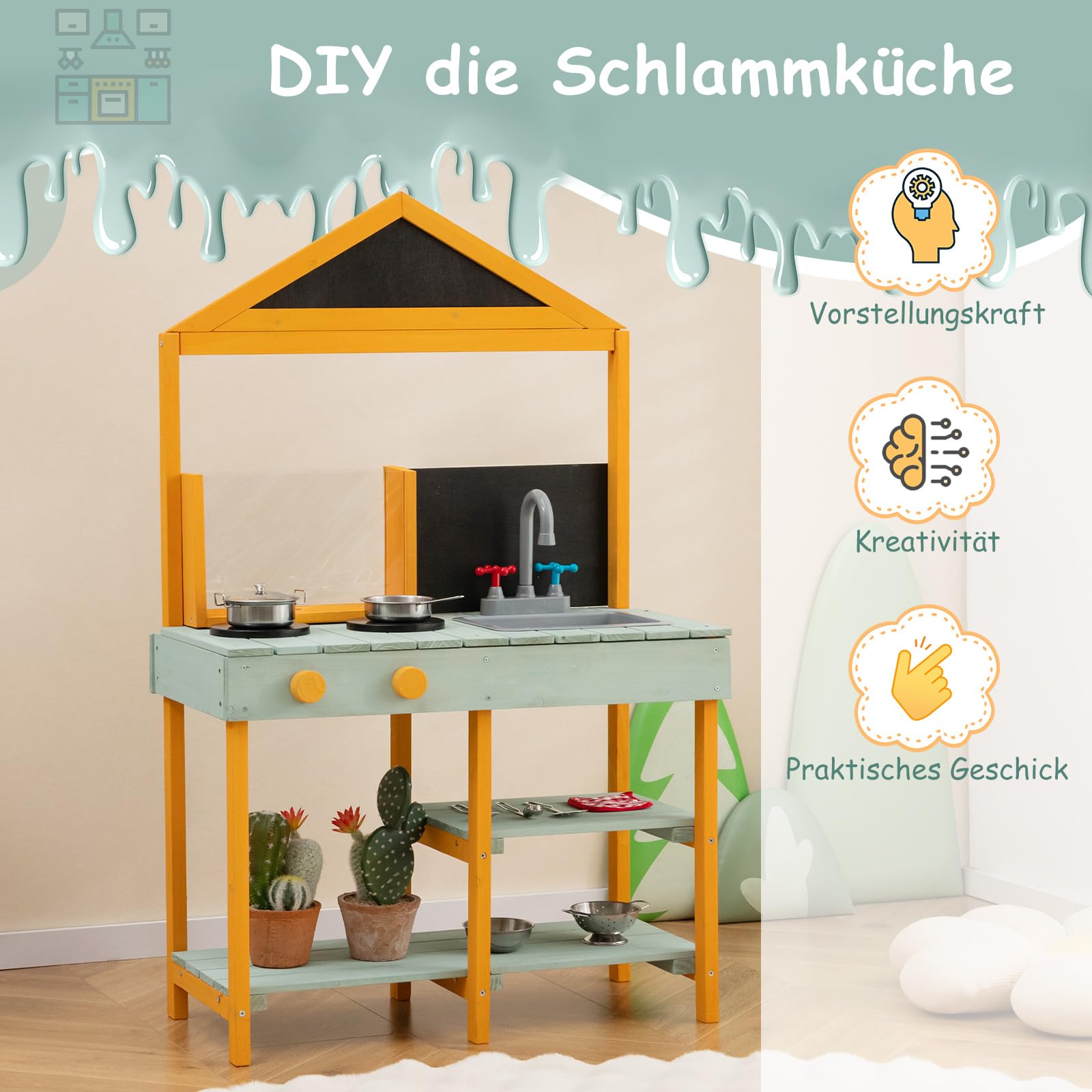 COSTWAY Matschküche Kinder Outdoor, Kinderküche Tannenholz mit Pflanzbehälter & 2 Kreidetafeln & Wasserhahn & Waschbecken, Spielküche Outdoorküche für Kinder ab 3 Jahren, Inkl. 8 Zubehör (Grün)