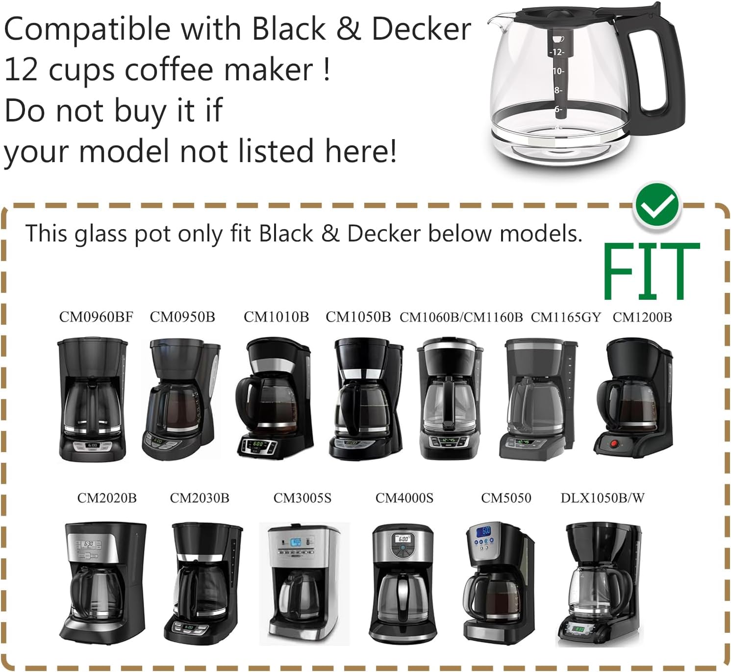 Replacement Coffee Carafe for Black and Decker 12-CUP Coffee Maker, Black Handle - Image 3