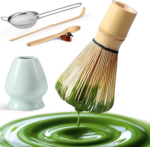 Juego de batidor de matcha, MatchaSet con batidor de bambú y soporte de cerámica, cuchara de bambú + cuchara de madera, soporte para cucharas, juego