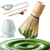 Matcha Whisk Set&comma;MatchaSet with Bamboo Matcha Whisk and Ceramic Holder&comma; Bamboo Scoop&plus;Wooden Spoon&comma;Scoop Holder&comma;Sifter-Complete Matcha Tea Set&comma;6 Pcs Matcha Kit&comma;Tools for Matchas Ceremonial Grade Kit