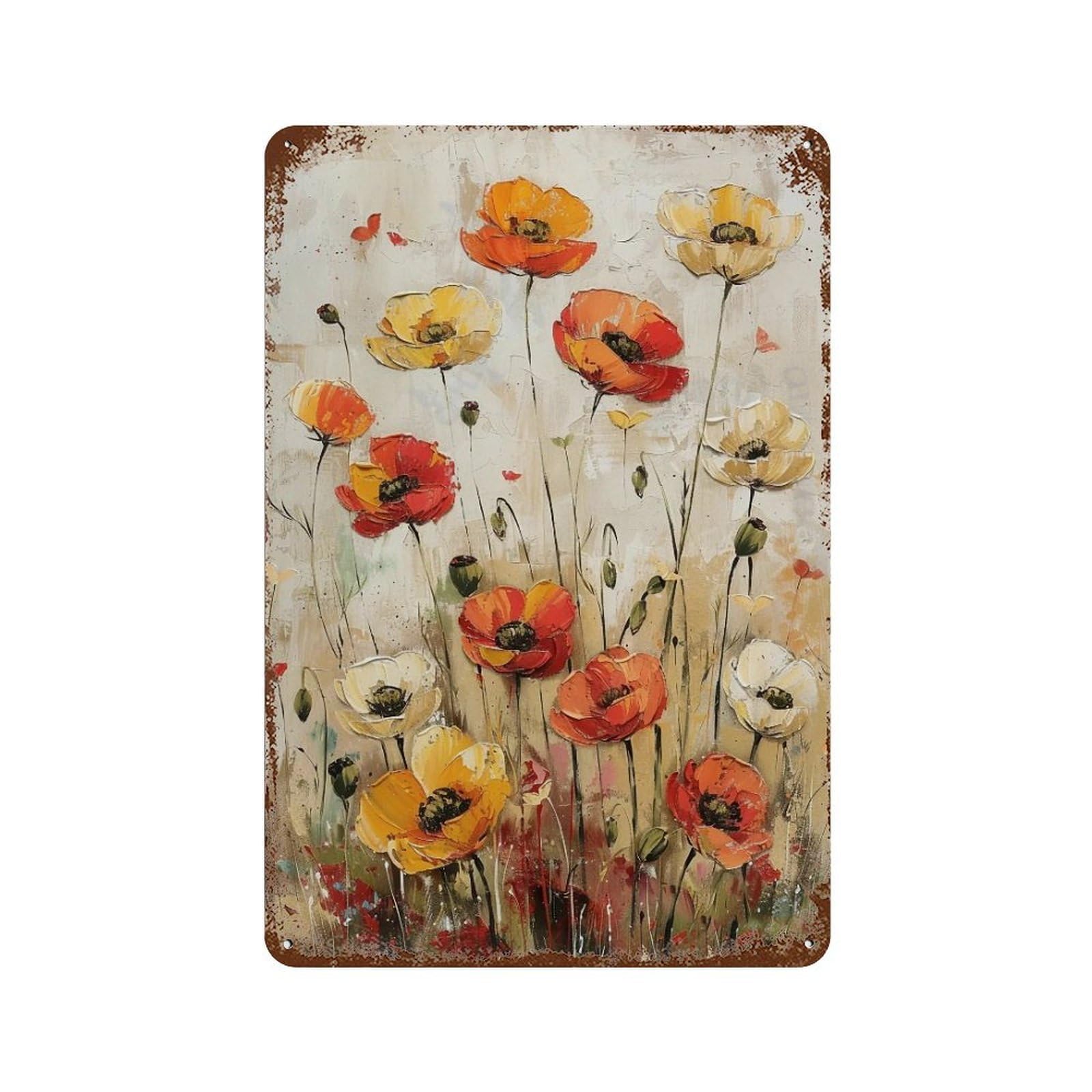 Wihyrtui Style Textured Impasto Warm Palette Poppy Overlay 04 Wall Retro Iron Metal Tin Sign Vintage Art Poster Modern Home Cofffee Club Art Bar Shop Decor 30X20cm