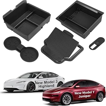 صينية تنظيم وحدة التحكم المركزية المكونة من 5 قطع لملحقات Tesla Model Y Juniper وModel 3 2024-2025، درج حامل أكواب صندوق تخزين مخفي لمسند الذراع باللون الأسود