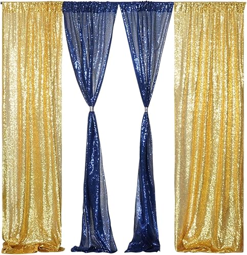 Miniatura 2 de 4 paneles de cortina de lentejuelas doradas y azules de 2 x 8 pies, cortinas de fondo de lentejuelas con purpurina para decoración de fiestas de