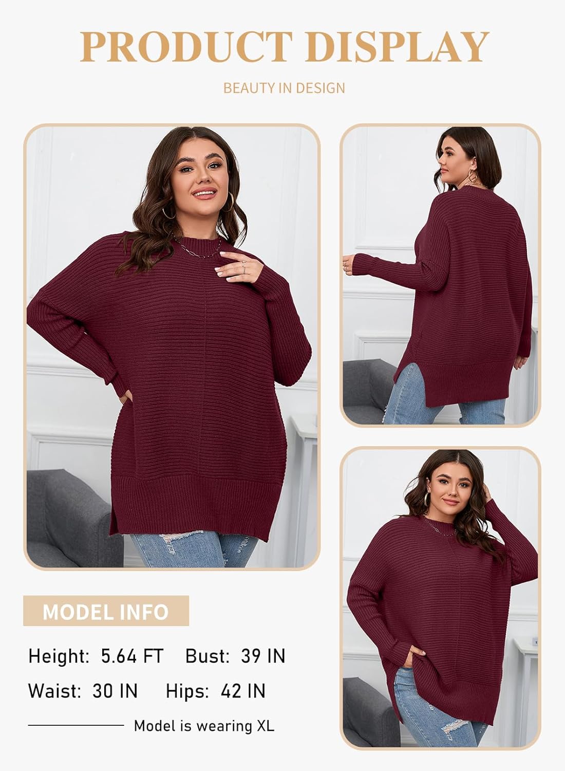 Eytino Womens Plus Size 2026 Casual Long Sleeve Crewneck Split Hem Oversized Knit Tunic Pullover Sweater Tops,1X Ruby - Image 3