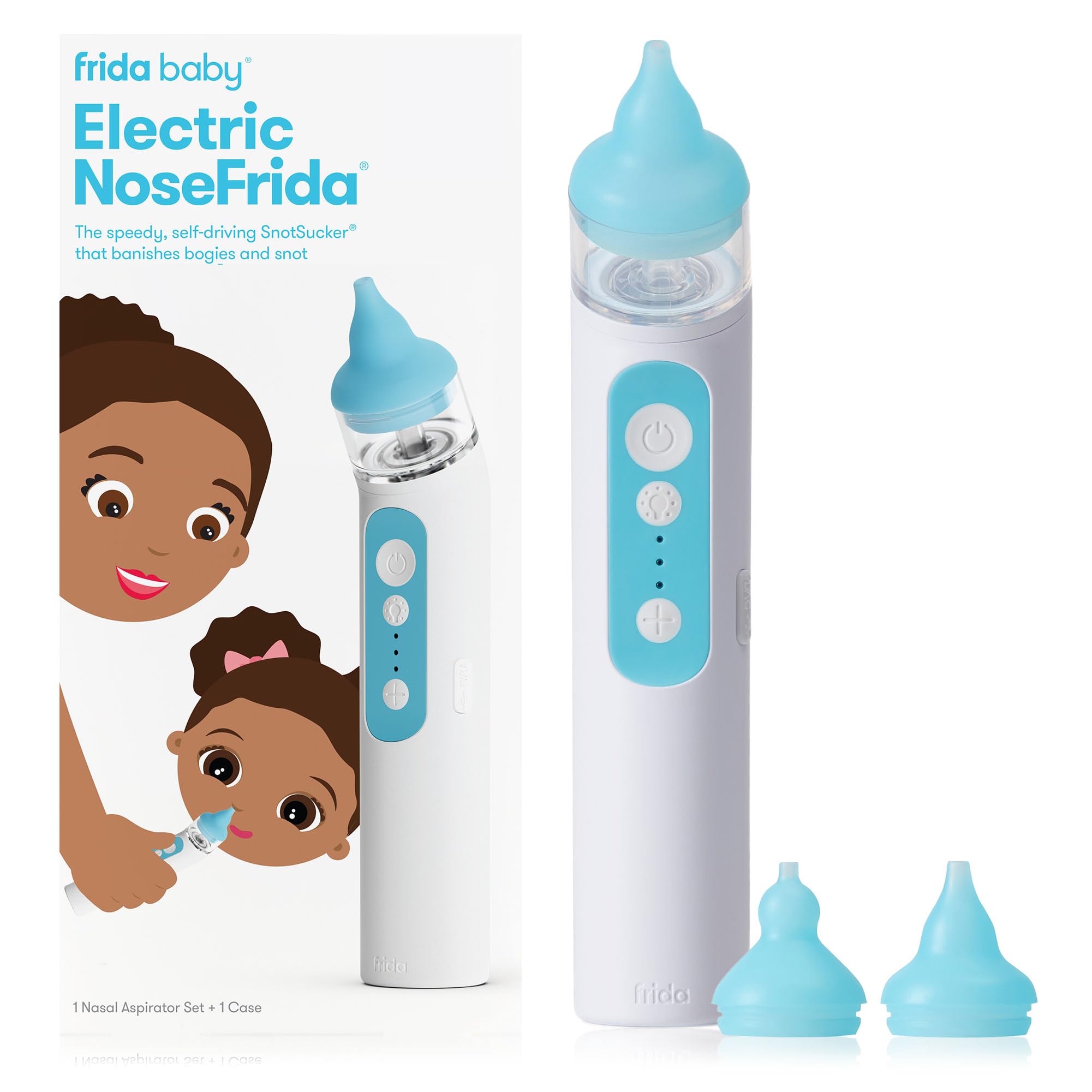Frida Baby Aspirador nasal eléctrico NoseFrida para bebé, ventosa nasal para bebés y niños pequeños, aspirador nasal mejorado para alivio de la congestión con 3 niveles de succión, 2 puntas de