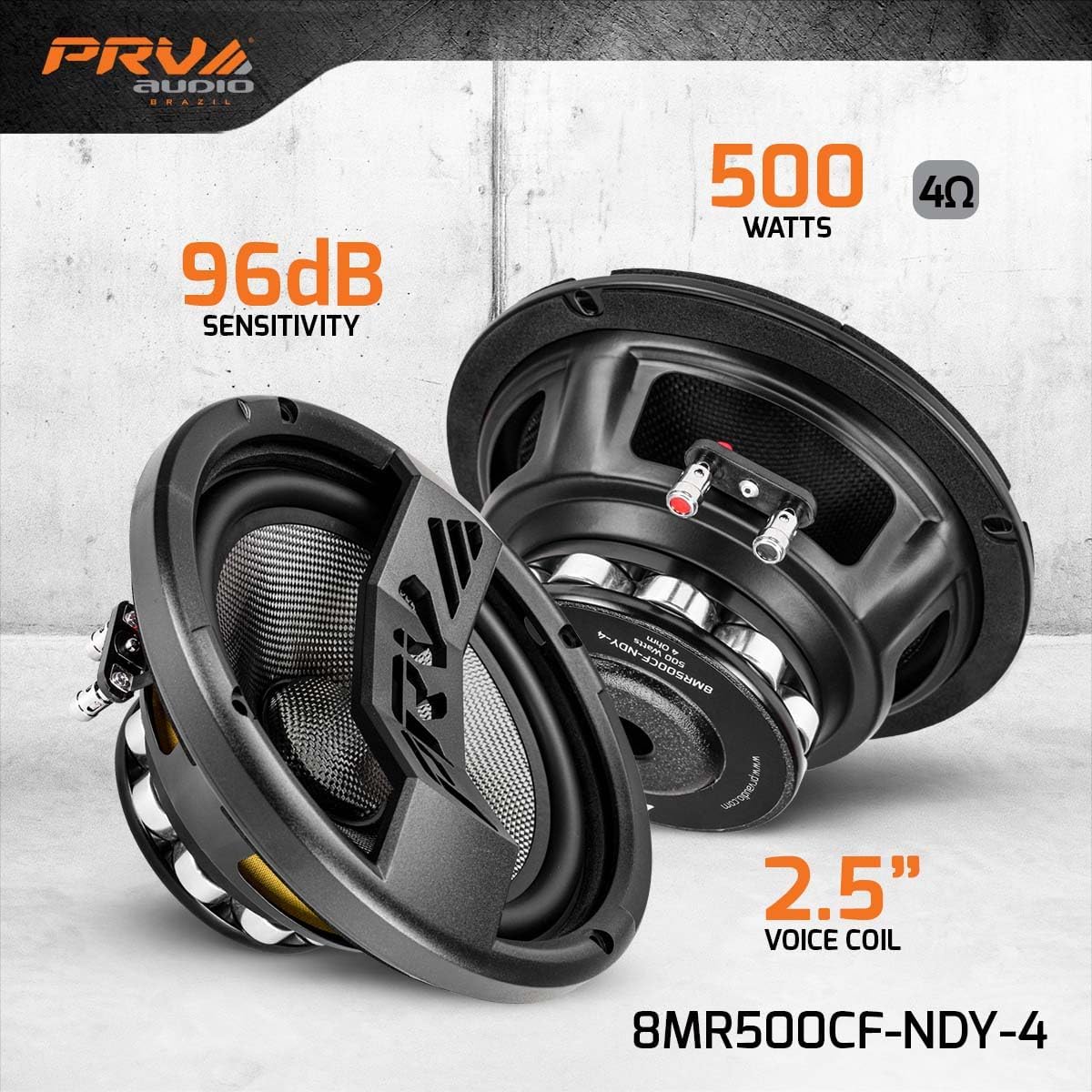 PRV AUDIO 8MR500CF-NDY-4 speaker highlighting 500 Watts, 96dB sensitivity, and 2.5 inch voice coil.