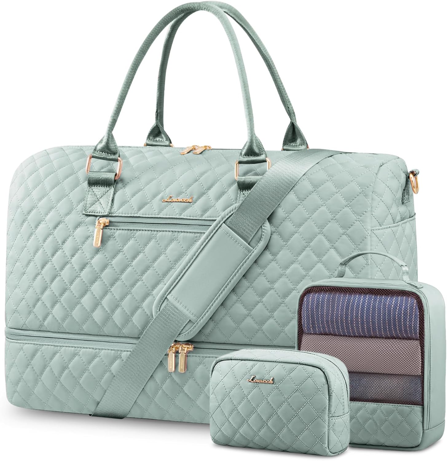 LOVEVOOK Travel Duffle Bag for Women, Weekender Overnight Bag with Shoe Compartment, Carry on Bag with Toiletry Bag, Gym Duffel Bag with Wet Pocket, Hospital Bags for Labor and Delivery 3 Pcs Set