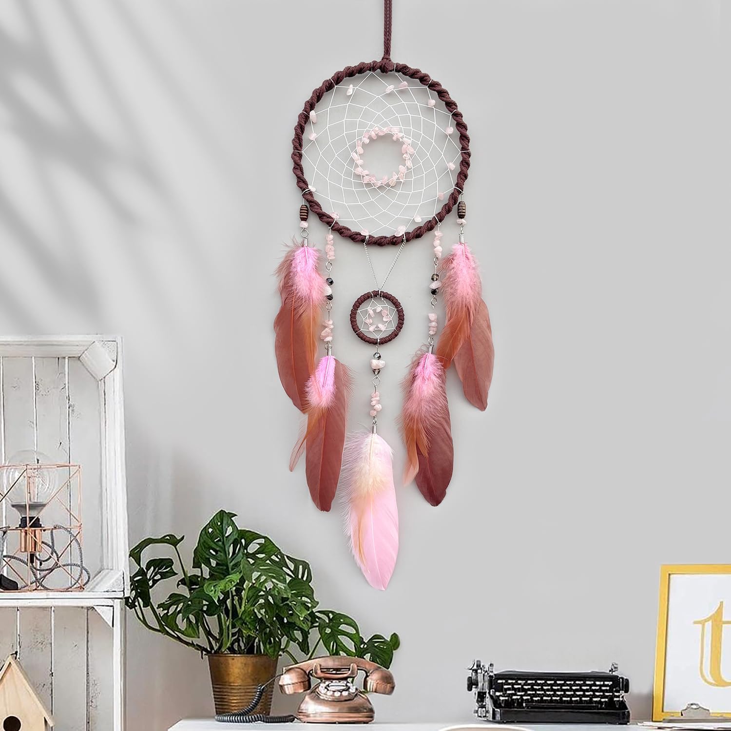 Colorful Dream Catchers, Large Dream Catcher, Handmade Feather Native American Circular Net for Kids Bedroom Wall Hanging Decoration Decor Nursery Wall Art Ornament Craft (Pink)