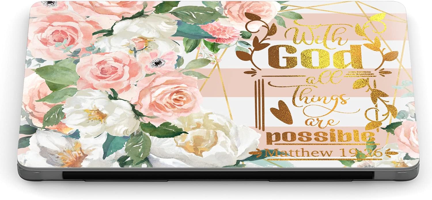 Mertak Hard Case Compatible with MacBook Pro 16 14 Air 15 13 inch M3 M2 M1 Mac 2024 2023 2022 2018 Matthew 19:26 Flowers Touch Bar Protective Christian Bible Verse Quote Roses Plastic Clear Laptop