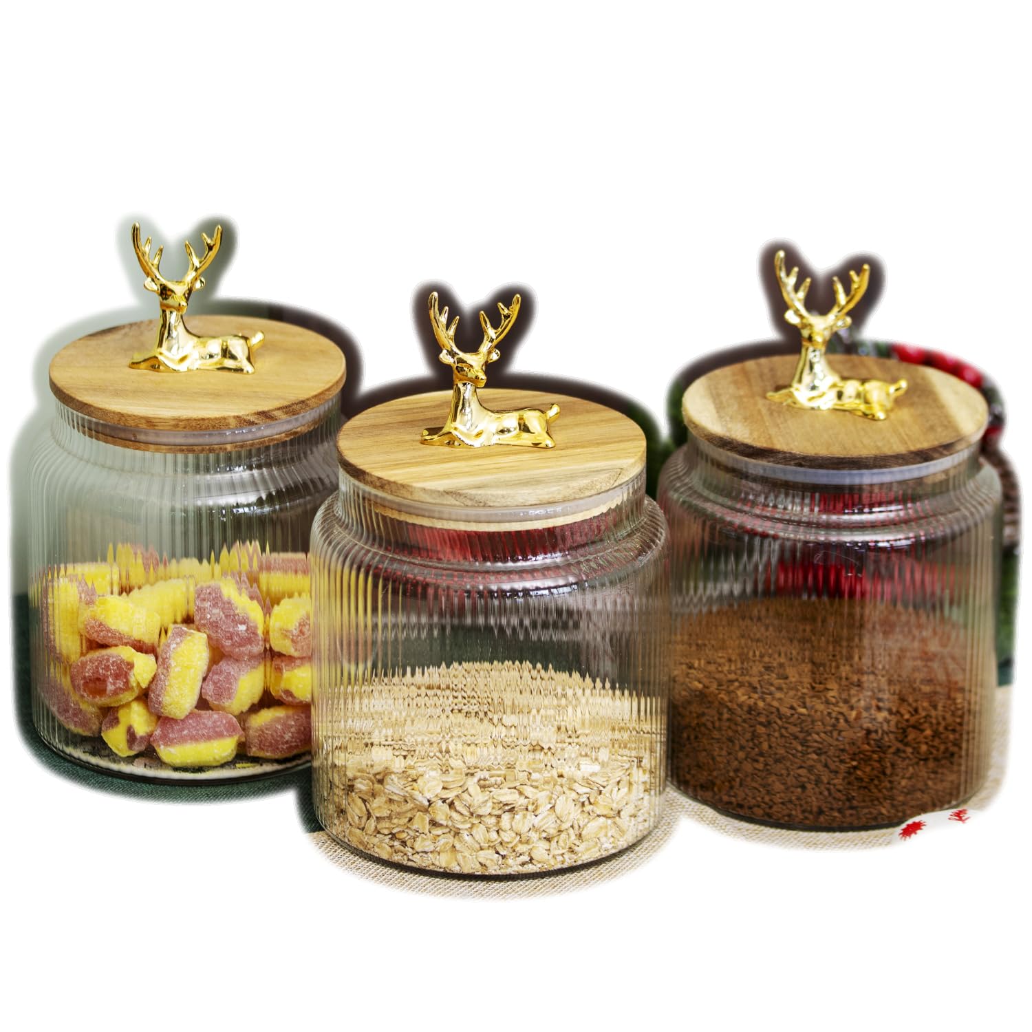Darthome Gold Reindeer Top Glass Storage Jar 1.1L Ribbed Borosilicate Airtight Acacia Lid Kitchen Pots (1)