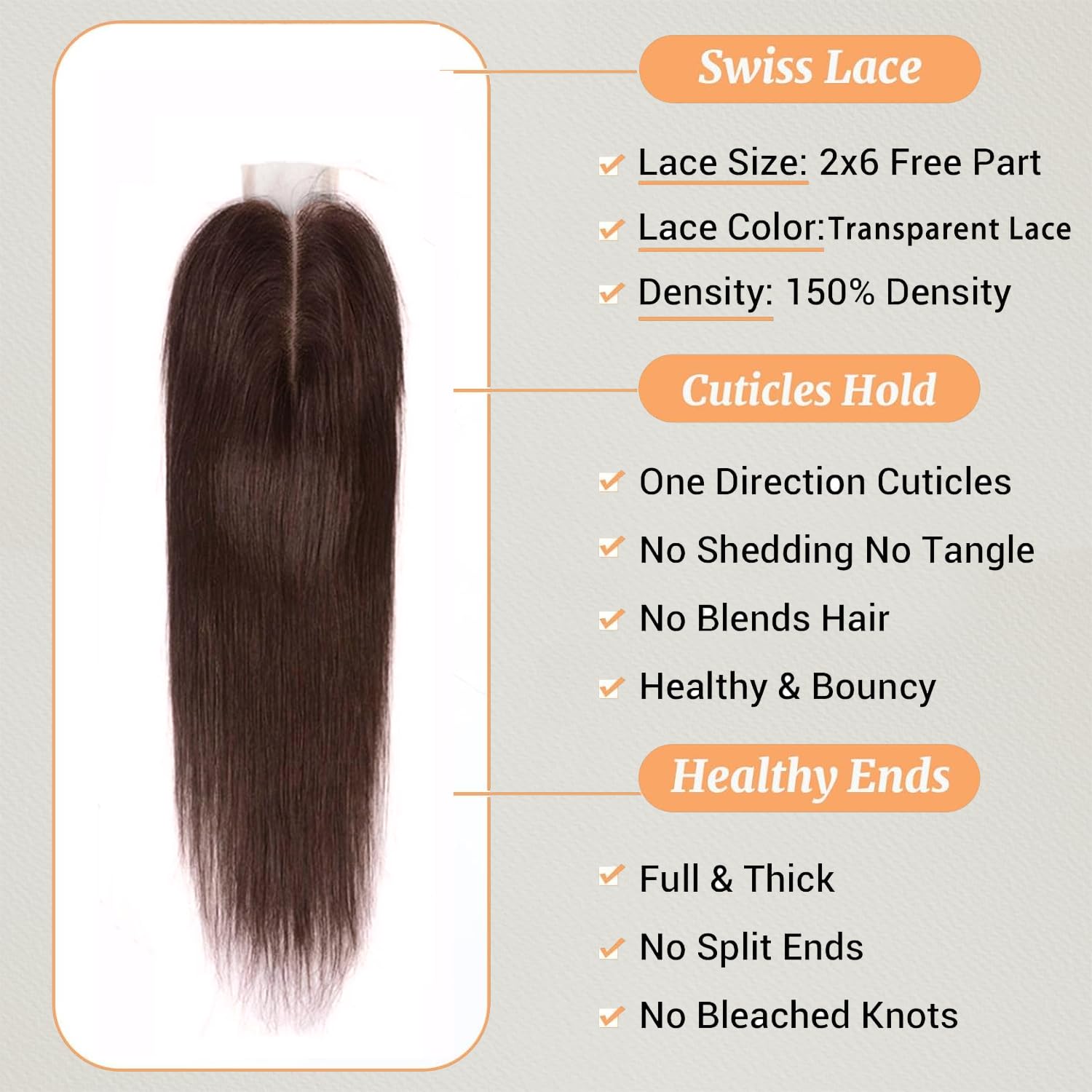 2x6 Closure Chocolate Brown 4# Closure Straight 100% Unprocessed Brazilian Virgin Hair With Pre Plucked BabyHair Transparent Lace Closure Hair Extensions Pre Plucked Closure For Women 12 Inch - Image 3