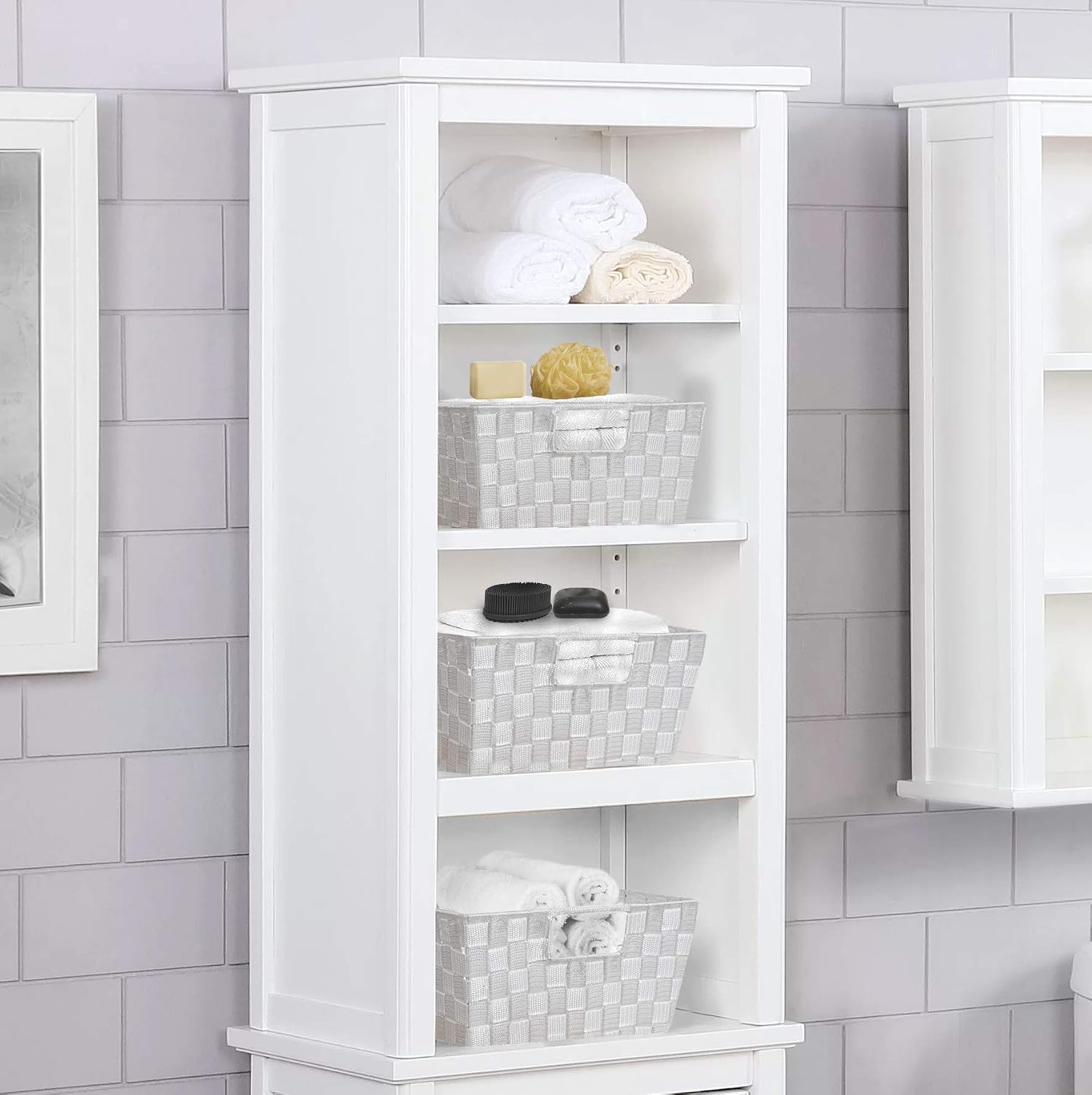 Sorbus Woven Basket Bin Set - Shelf Storage Tote Baskets for Household Items - Stackable with Woven Straps & Built-in Carry Handles (White)