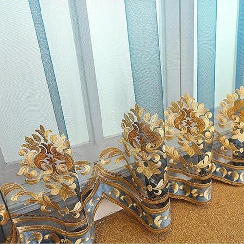 Miniatura 4 de Amidoudou 1 par de cortinas traslúcidas bordadas de lujo europeas para sala de estar, dormitorio, cortinas de tul (azul, 51 x 90 pulgadas)