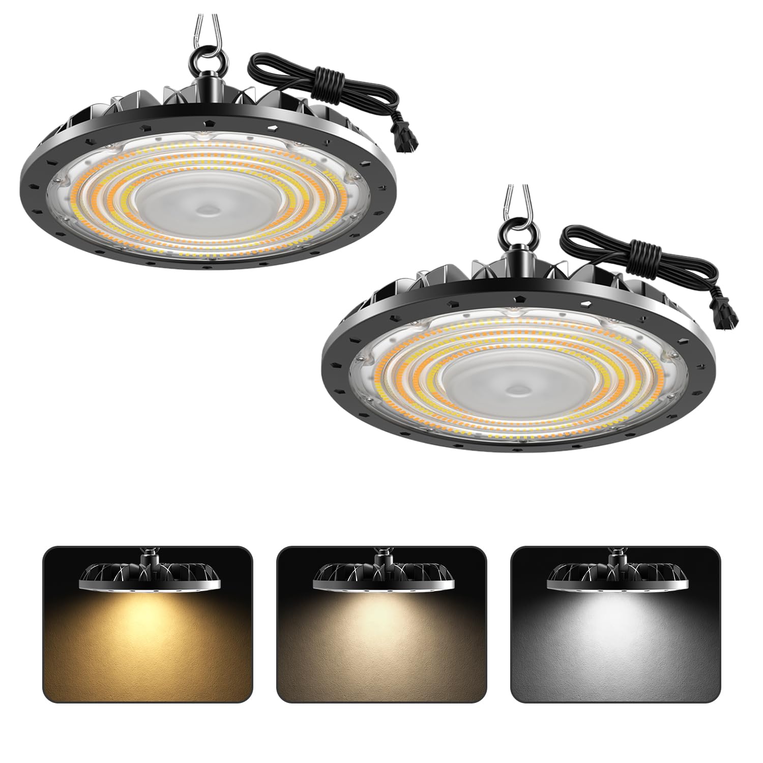 loyalUFO LED High Bay Light, 6000K/3000K/4000K Dimming LED Shop Light, Commercial High Bay Lighting with 1.2M Cable US Plug, LED Workshop Lights for Warehouse Gym Factory (100W, 2 packs)