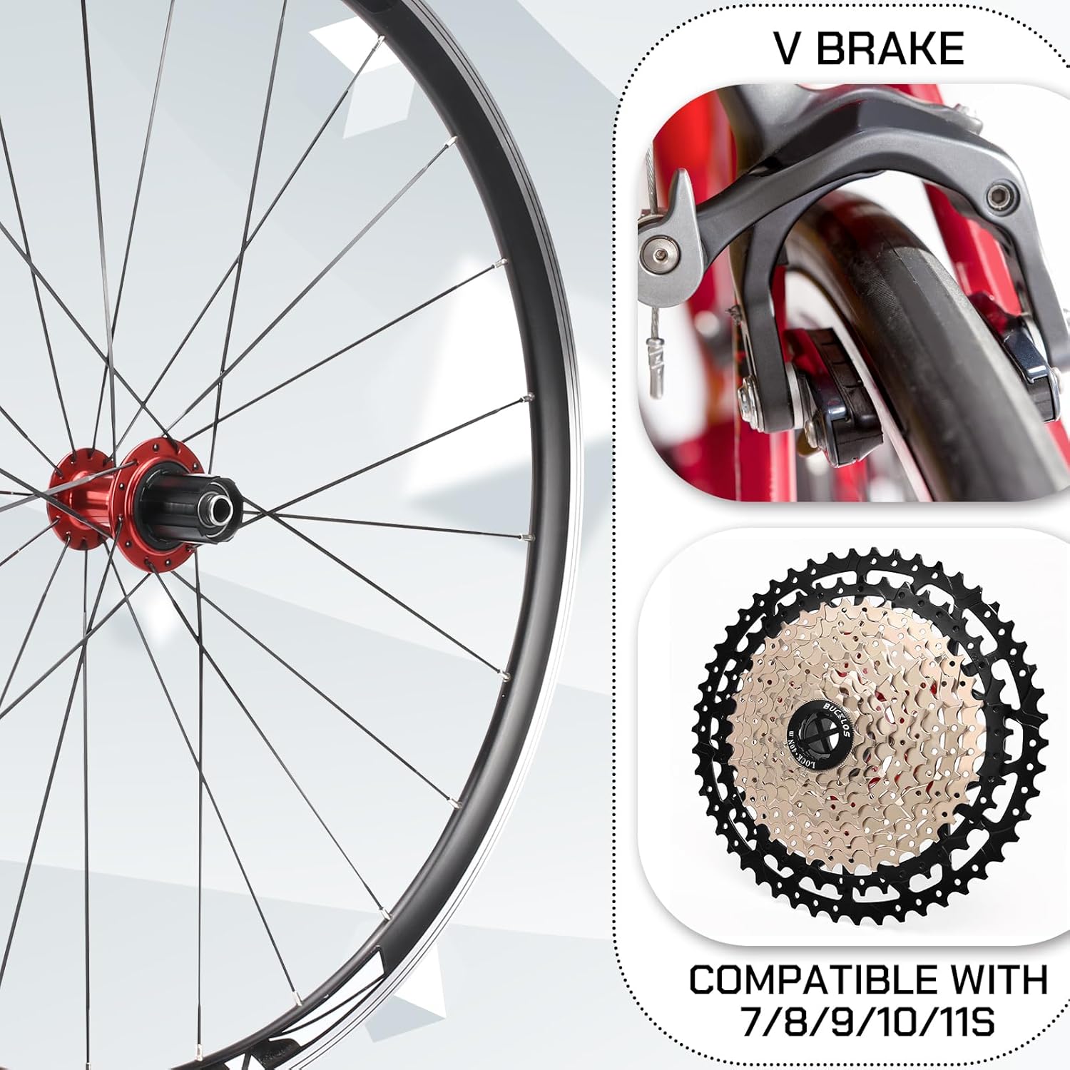 BUCKLOS Road Bike Wheel 700c, Aluminum Alloy QR Wheels V Brake Clincher, Double Wall Flat Spokes Bicycle Wheel Set, Rear 7-11 Speed Wheelsets Hub 30mm Rims Bike Accessories