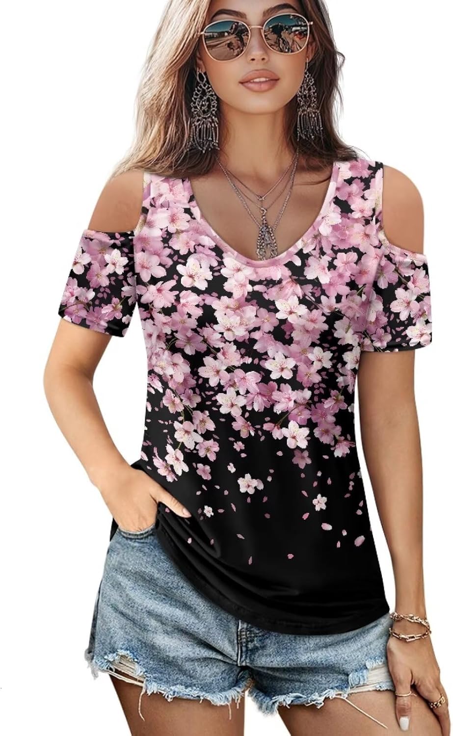 ZFRXIGN Womens Short Sleeve Shirts Cold Shoulder Tops Size S-2XL Clothes Trendy Summer Clothes