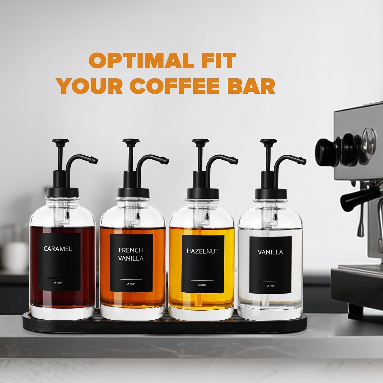 Coffee Bar Accessories, Glass Syrup Dispenser with Pump, 16.9 fl oz/500ml Syrup Bottles for Coffee Bar Organizer, Labels, Spoons,4 Pack