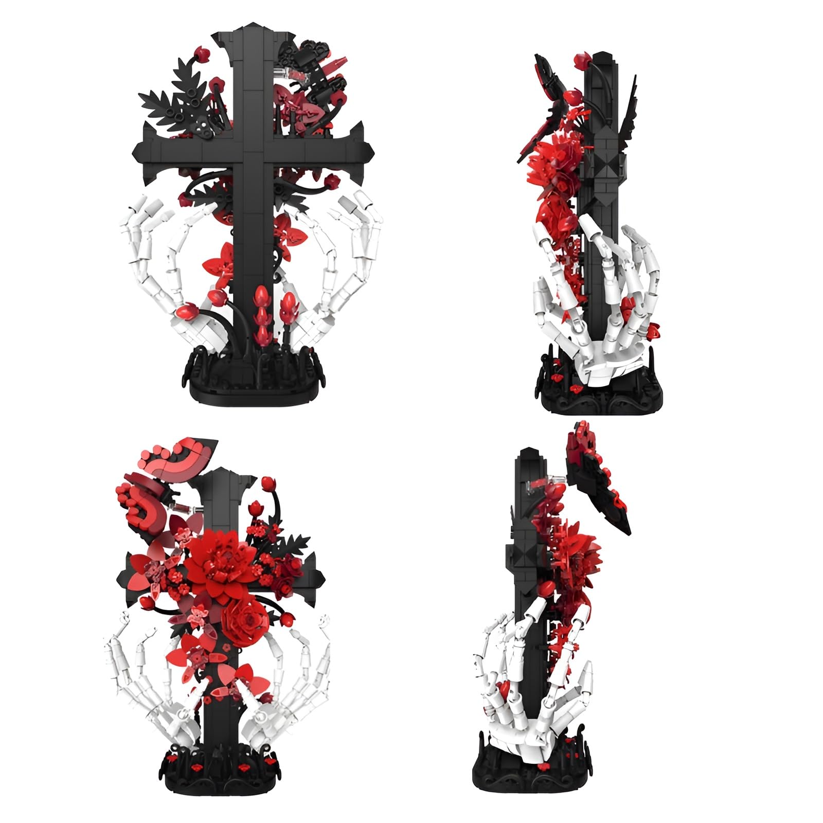 Cráneo de cruz gótica manos con rosas bloques de construcción, 901 piezas Cruz flor kit de construcción para adultos, colección botánica modelo de juguete, regalos únicos estilo romántico oscuro