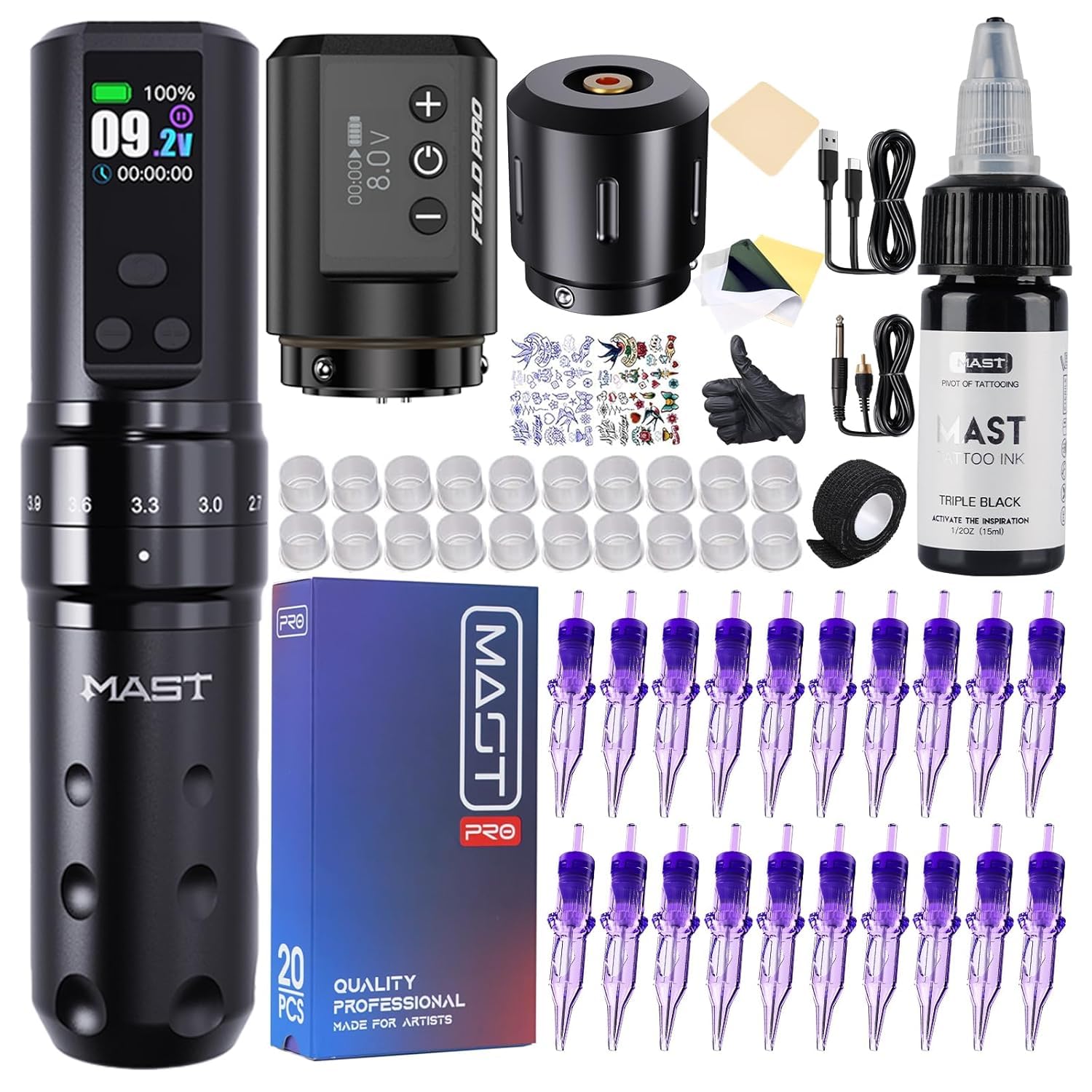 Mast Fold2 Pro cordless tattoo kit with 2 batteries