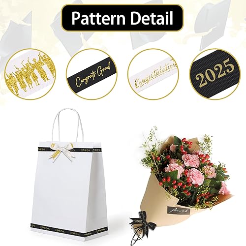 Miniatura 3 de 4 rollos de cintas de graduación 2025 para manualidades, cintas de grogrén de 1 pulgada y 38 pulgadas de ancho, cintas blancas y negras impresas