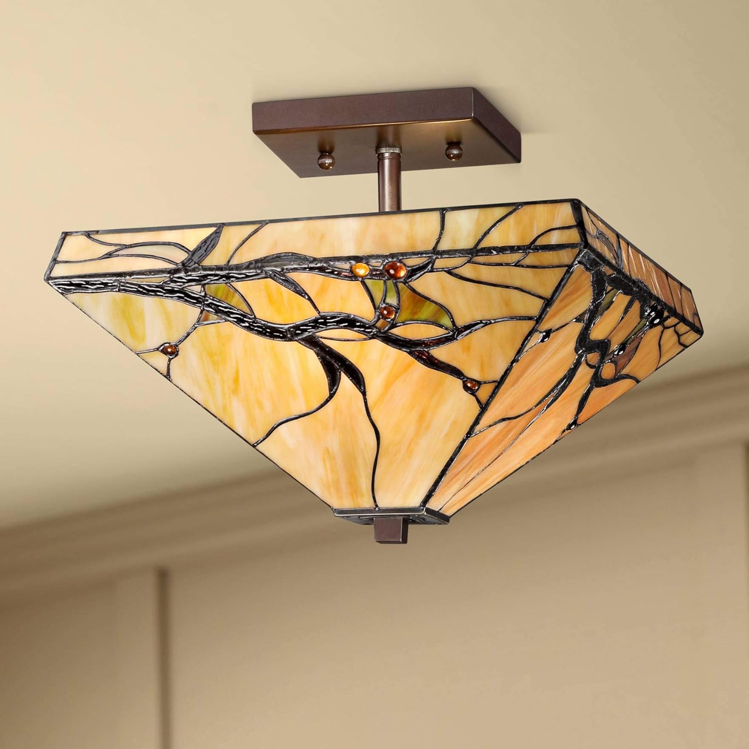 Robert Louis Tiffany Budding Branch Mission Tiffany Style Close to Ceiling Light Semi-Flush Mount Fixture Bronze 14" Wide Art Glass for Cottage Core House Bedroom Hallway Living Room Bathroom Dining