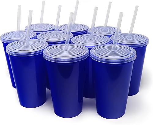 Rolling Sands Vasos de plástico reutilizables de 22 onzas con tapas, paquete de 10 vasos azules fabricados en Estados Unidos incluye 10 popotes