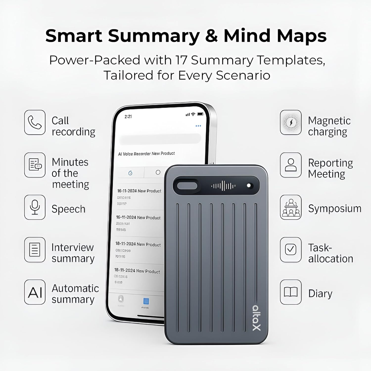 AltaX ThinkNote AI Voice Recorder for Meetings, Calls & Lectures | ChatGPT Powered Instant Transcription, Auto Summary & Mind Maps | 107 Language Support | All-Metal Design w/Case | 64GB (Onyx Steel)