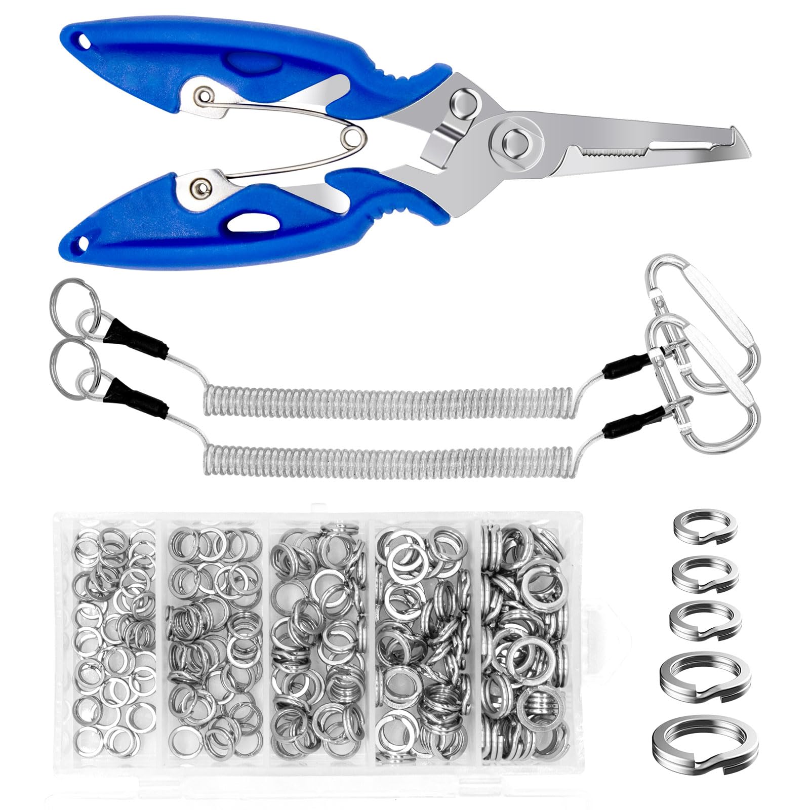 Yauhar 203Pcs [5 - Sizes] Heavy Duty Stainless Steel Split Fishing Rings with Fishing Pliers and Lanyard Wire Coiled Lanyard, Double Snap Loop Lure Connectors for Saltwater Freshwater