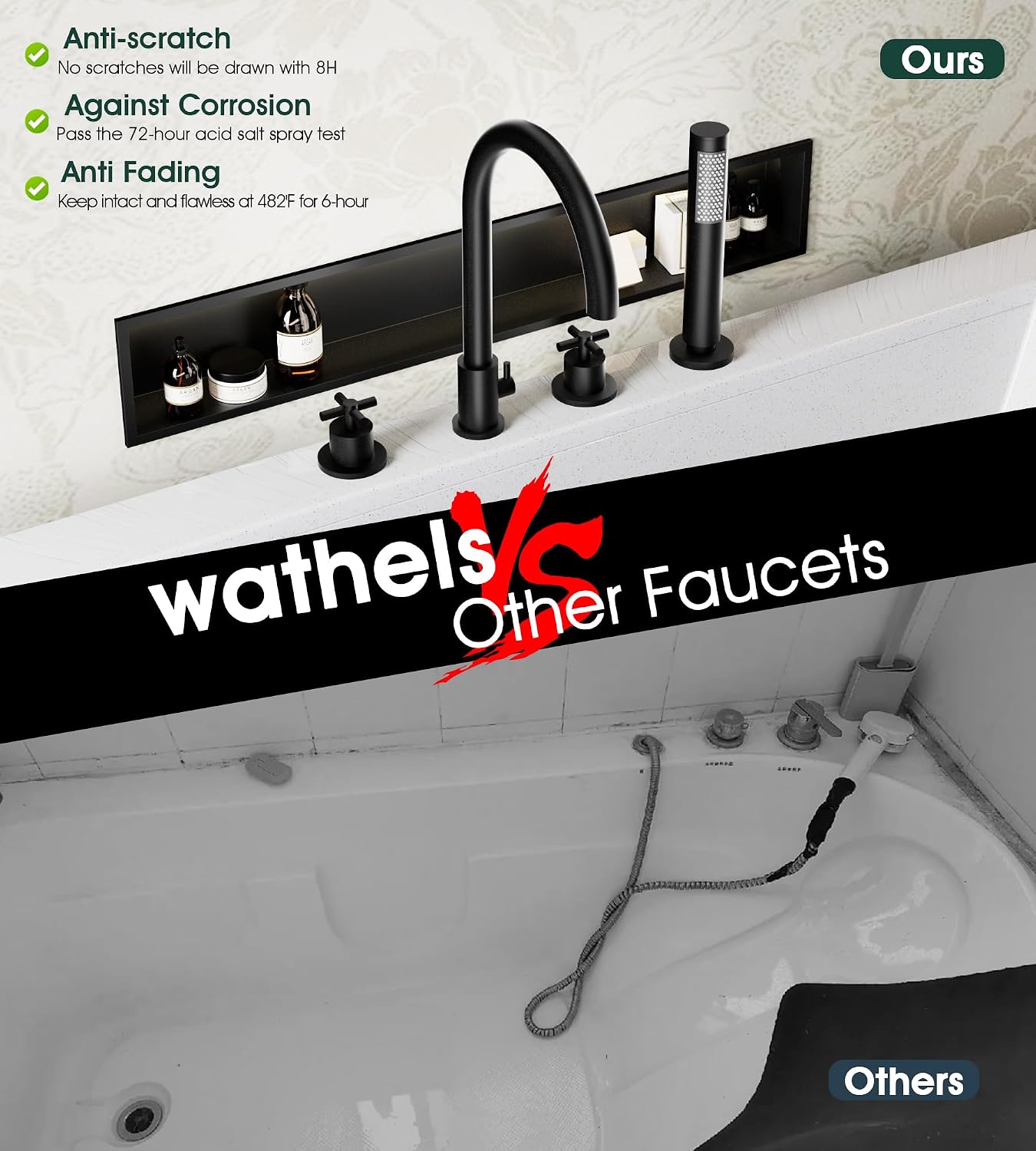 Roman Tub Faucet with Handheld Shower, 2 Handles 4-Hole High Arc Waterfall Deck Mount Bathtub Faucet, Solid Brass Bathtub Faucet Set with Rough-in Valve (Matte Black)