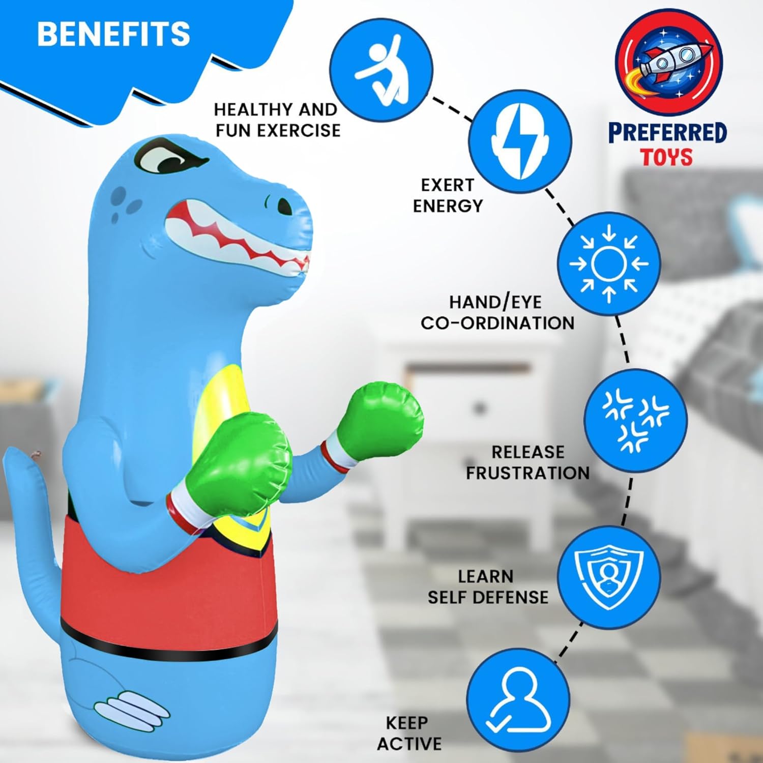 Preferred Toys 47" Inflatable Dinosaur Punching Bag for Kids - Durable Blow Up Kids Punching Bag with Bounce Back Base - Inflatable Indoor Outdoor Active Toddler Bop Play Toy