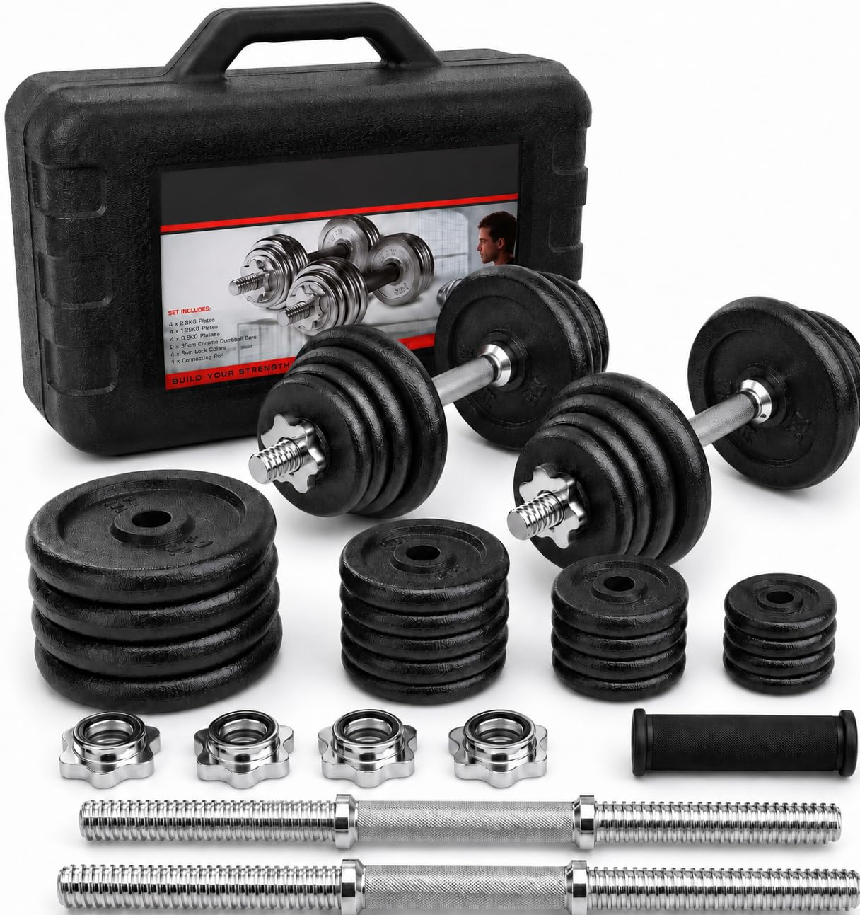 Adjustable Cast Iron Dumbbell Barbell Set - 15kg, 20kg, 30kg, 50kg Weight Set for Men & Women with Spinlock Bars & Plates (15, Kilograms)