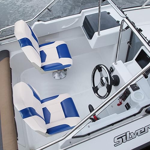 Miniatura 7 de PEXMOR Asientos de barco, respaldo bajoalto, plegables, impermeables, asiento de capitán, 2 paquetes (respaldo alto, azul y blanco)