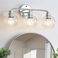 Vista 18 de Lámparas de baño doradas para tocador, 3 luces, apliques de pared, luces de latón cepillado con pantallas de vidrio globo transparente, lámpara
