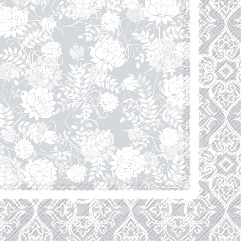 Boston International IHR Cocktail Beverage Paper Napkins, 5" x 5", Classic Garden Silver