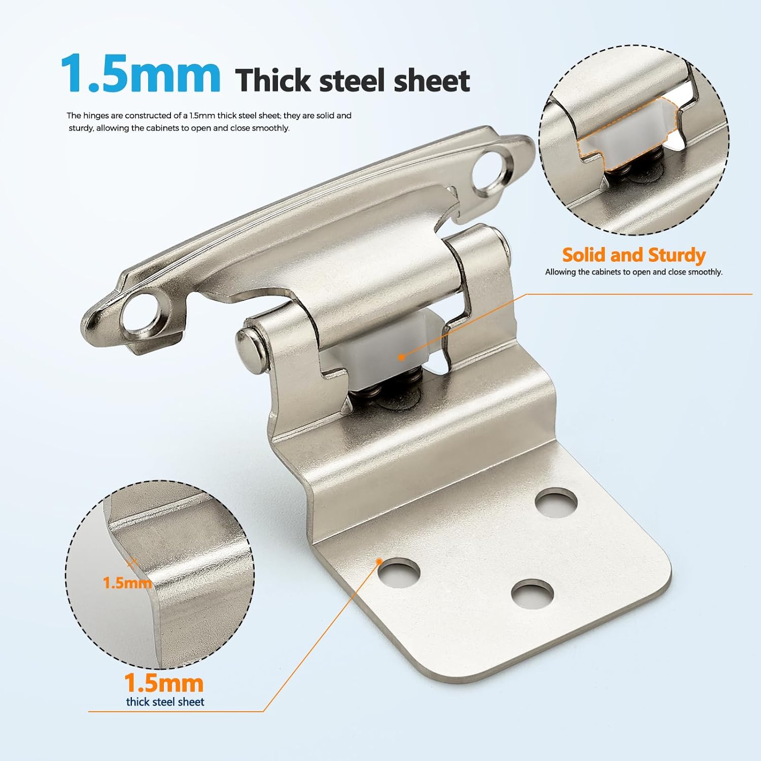 50 Pack (25 Pairs) 3/8 Inch Insert Kitchen Cabinet Hinges, Satin Nickel Self Closing Hinges for Kitchen Cabinet Doors, Semi-Concealed Cupboard Hardware, Face Mount Hardware, Silver